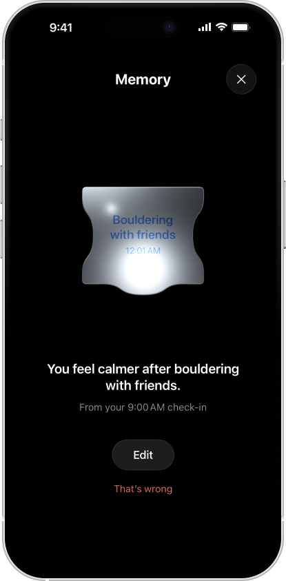Mental Memory screen in the iPhone app, showing a detail remembered from a check-in