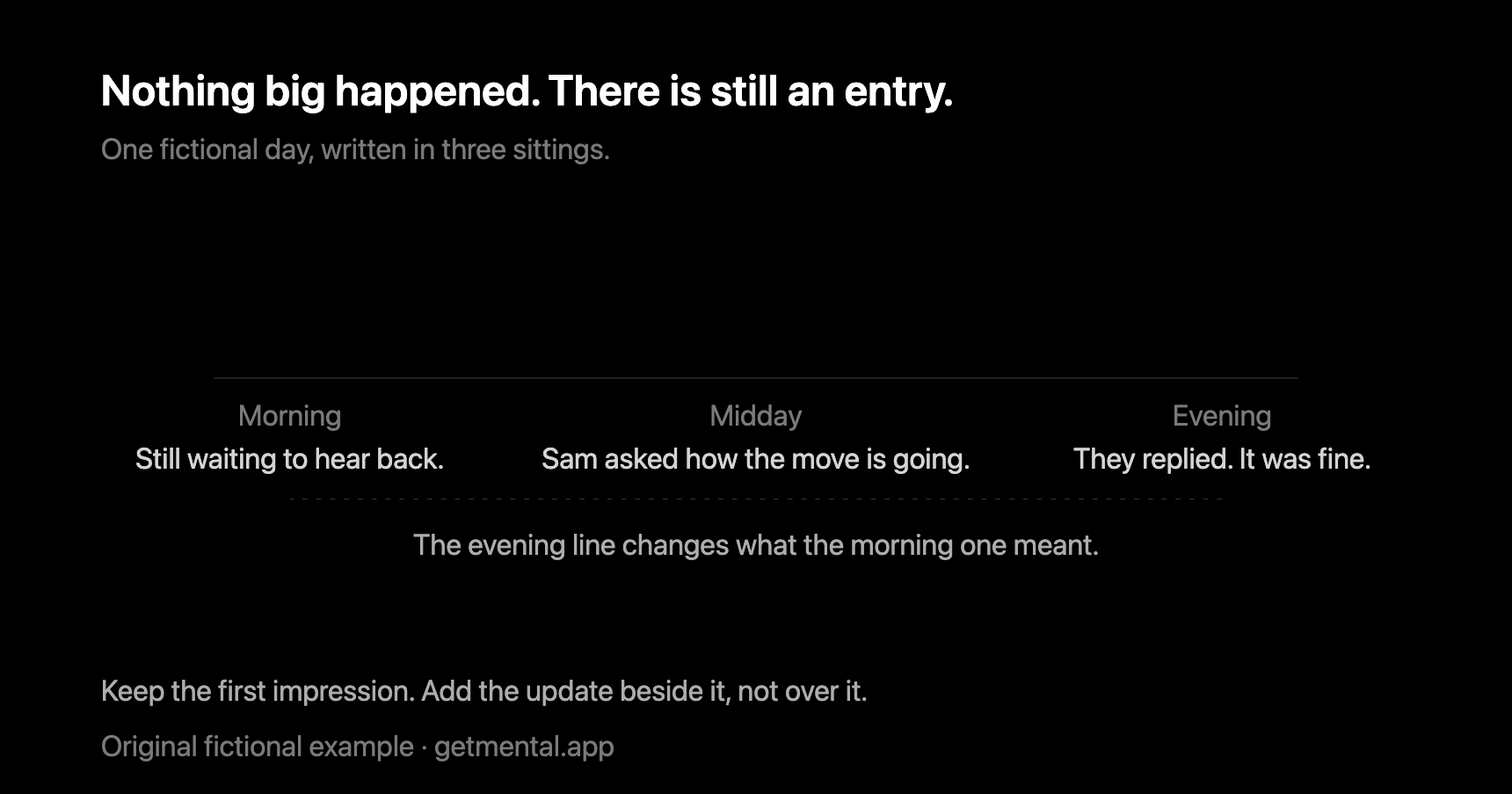 Morning / waiting; Midday / a conversation; Evening / an update