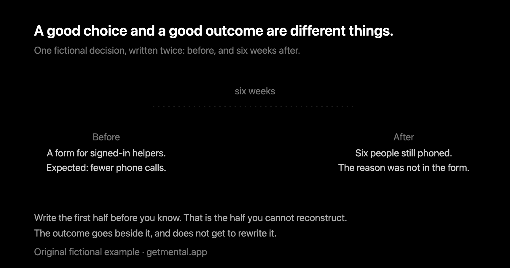 One fictional signup project: what was known before, what happened later, and what the outcome hid