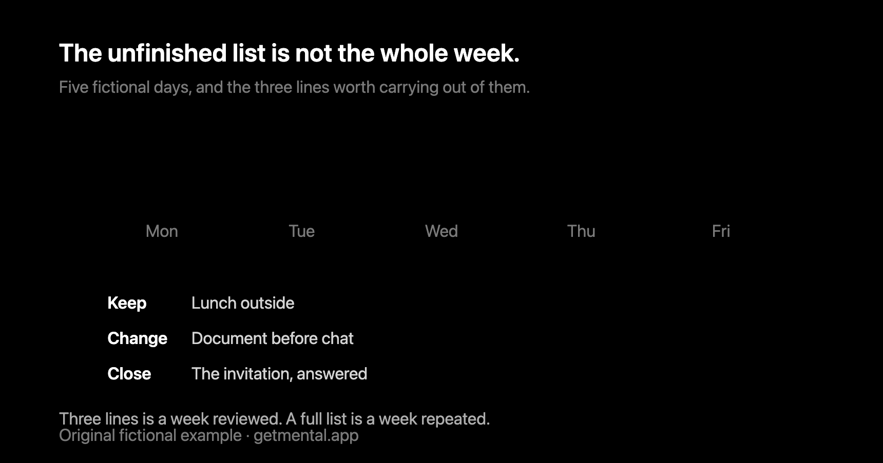 A fictional week becomes three decisions: continue lunch outside, change the first step, close an invitation
